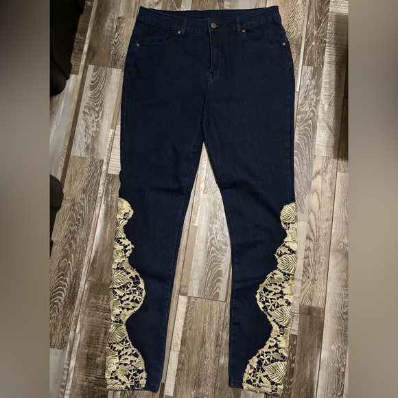 K Jordan Denim - 🌸 Dark Blue Women’s Jeans with Decorative Cream Lace Trim